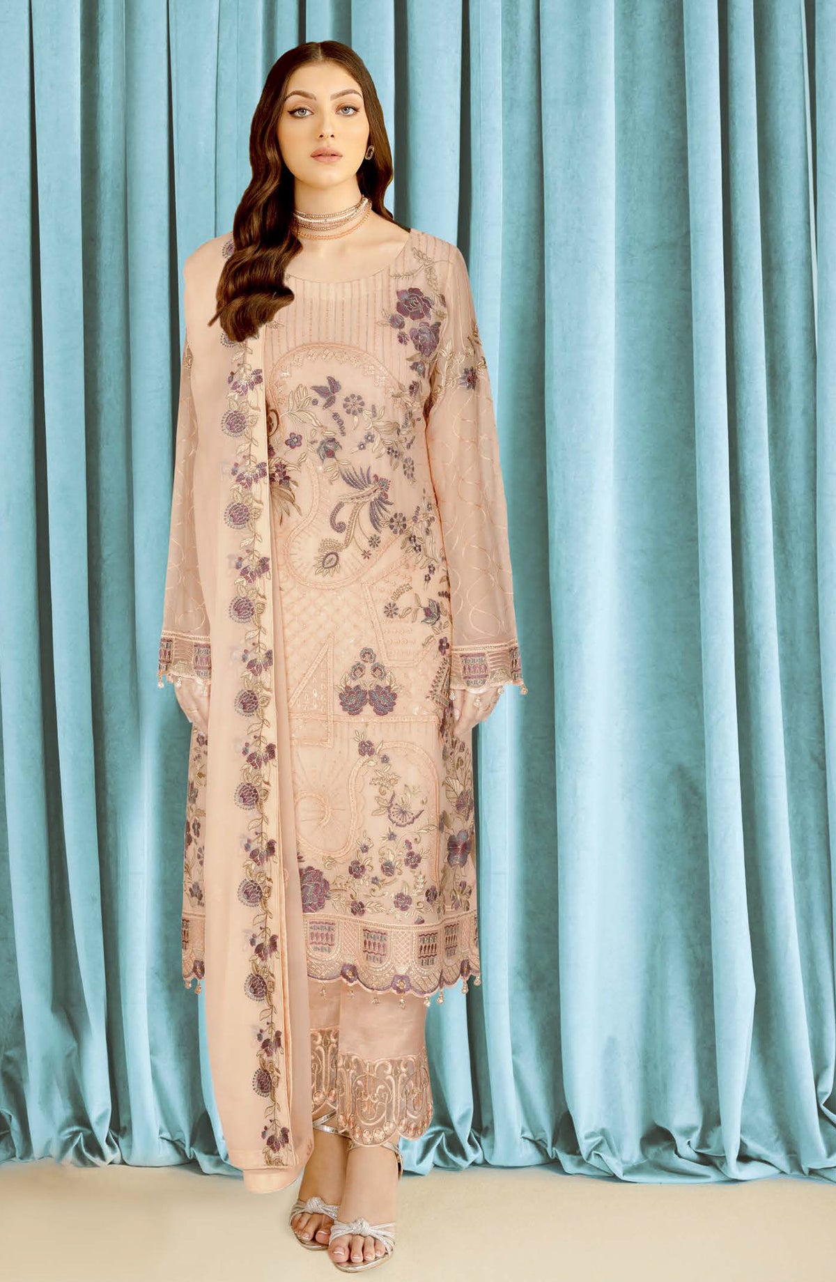 Nayab by Ramsha Luxury Embroidered Chiffon Unstitched 3 Piece Suit - N-410 - RM26NYB - Pink - Festive Collection