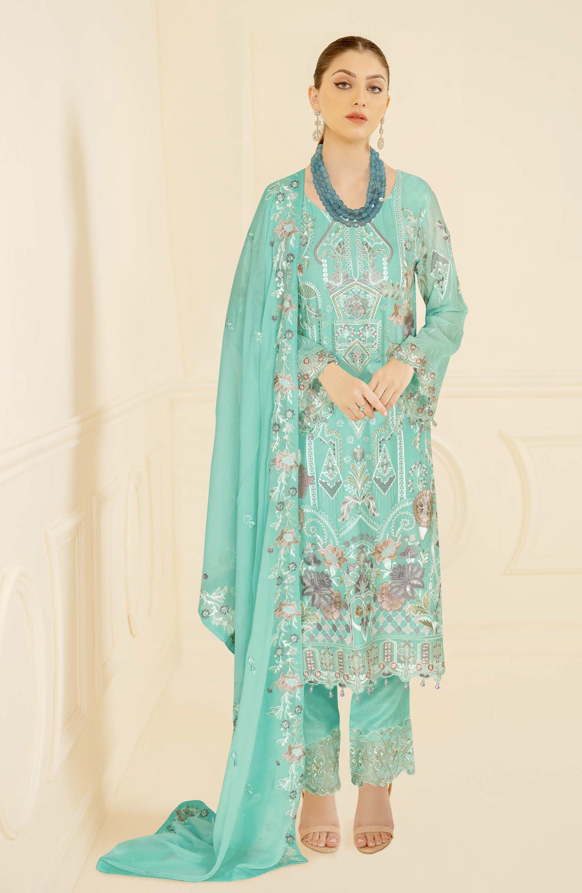Nayab by Ramsha Luxury Embroidered Chiffon Unstitched 3 Piece Suit - N-409 - RM26NYB - Ferozi - Festive Collection