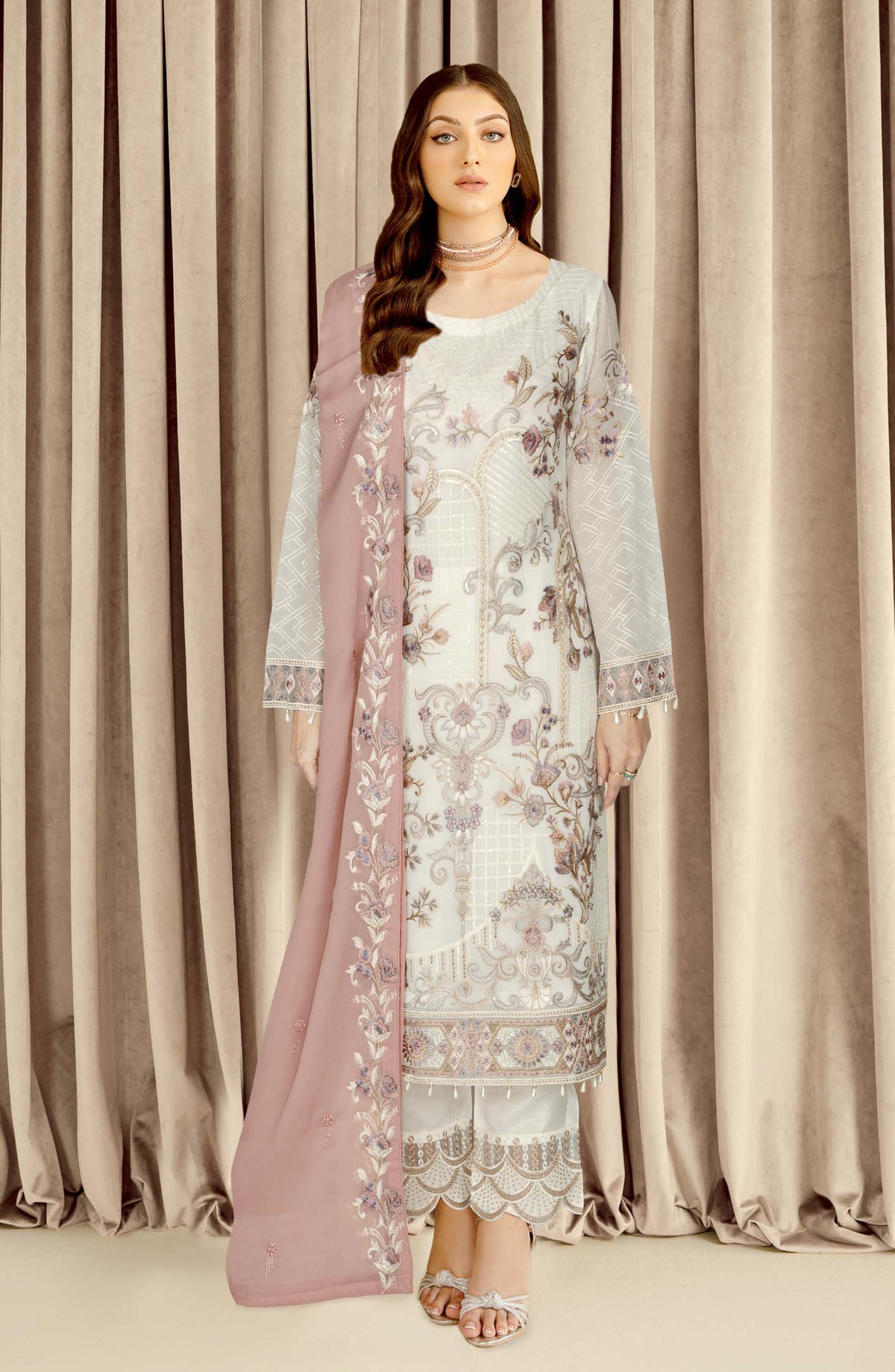 Nayab by Ramsha Luxury Embroidered Chiffon Unstitched 3 Piece Suit - N-408 - RM26NYB - Ice Blue - Festive Collection