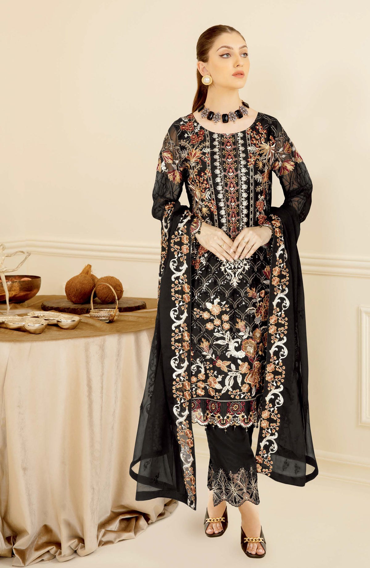 Nayab by Ramsha Luxury Embroidered Chiffon Unstitched 3 Piece Suit - N-406 - RM26NYB - Black - Festive Collection