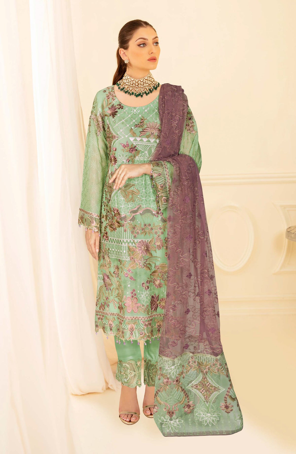 Nayab by Ramsha Luxury Embroidered Chiffon Unstitched 3 Piece Suit - N-405 - RM26NYB - Green - Festive Collection