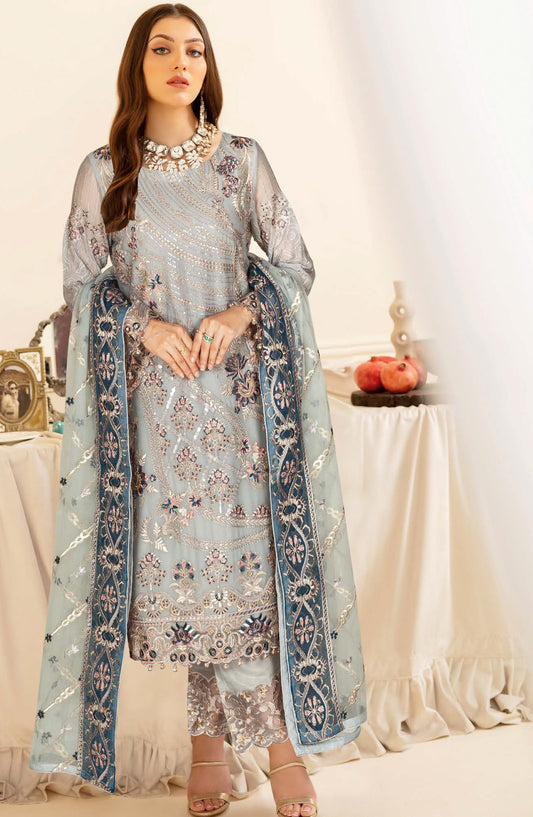 Nayab by Ramsha Luxury Embroidered Chiffon Unstitched 3 Piece Suit - N-404 - RM26NYB - Blue - Festive Collection