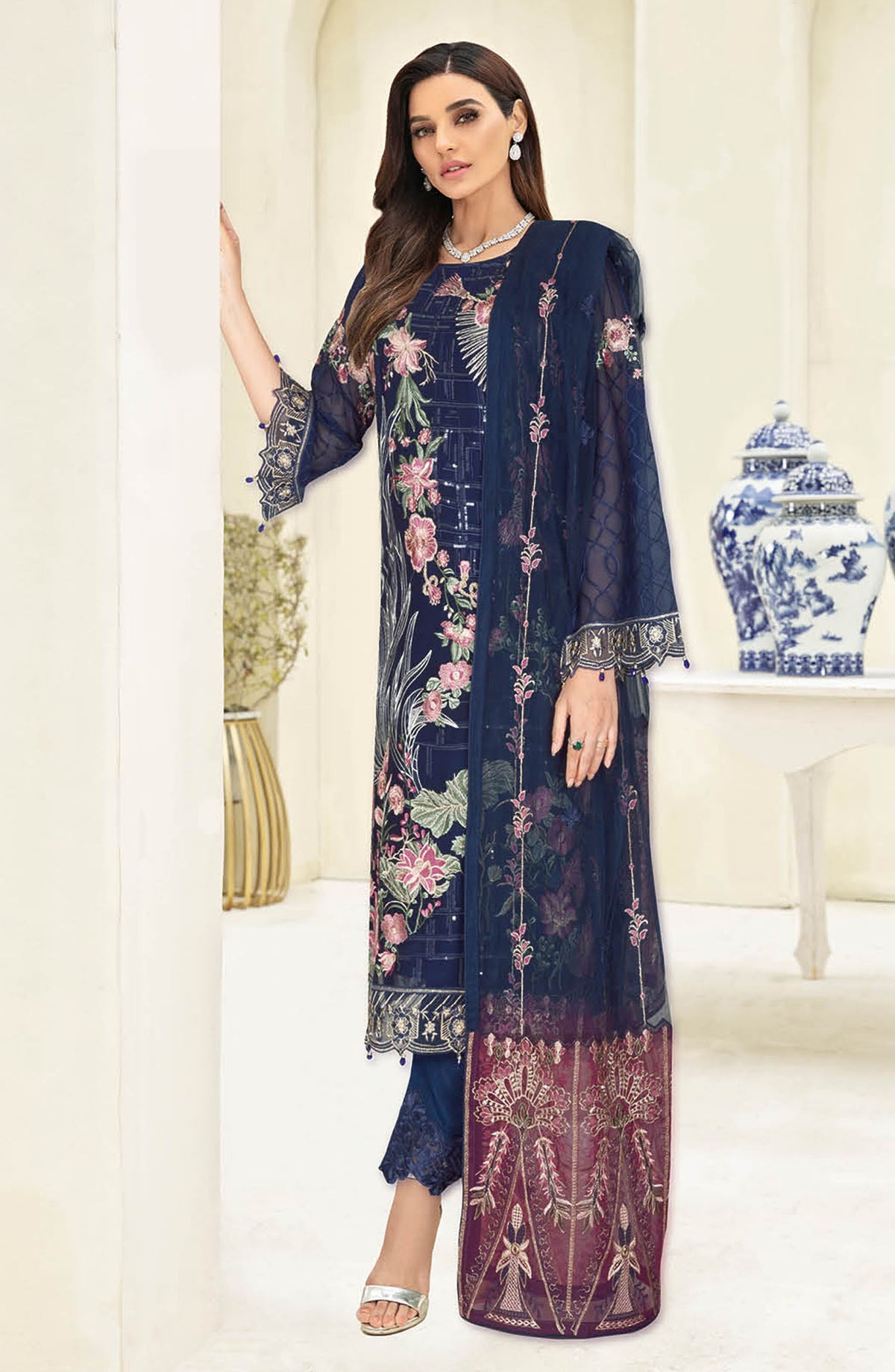 Nayab by Ramsha Embroidered Chiffon Unstitched 3 Piece Suit - N-312 - RM25CHW - Blue - Festive Collection