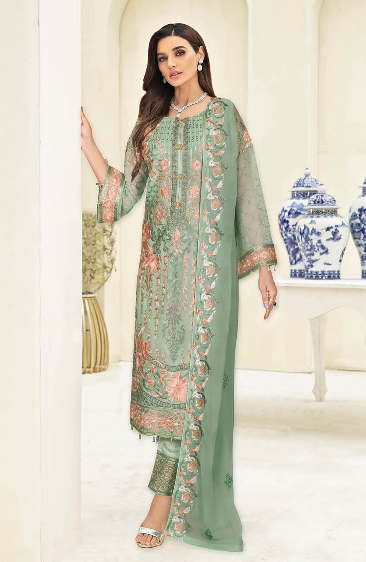Nayab by Ramsha Embroidered Chiffon Unstitched 3 Piece Suit - N-310 - RM25CHW - Green - Festive Collection