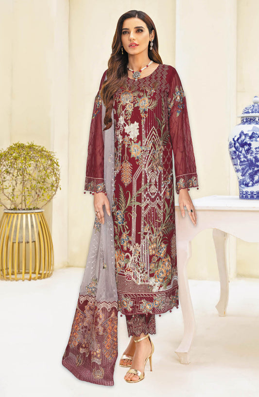 Nayab by Ramsha Embroidered Chiffon Unstitched 3 Piece Suit - N-307 - RM25CHW - Maroon - Festive Collection