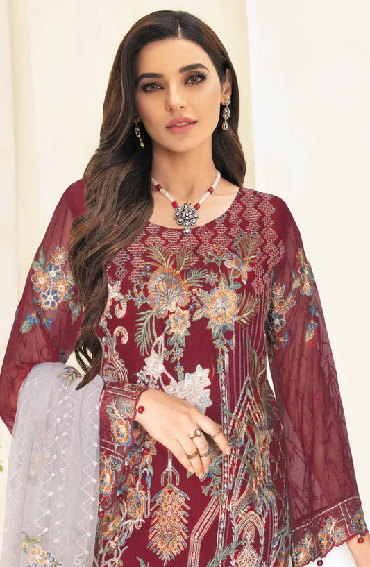 Nayab by Ramsha Embroidered Chiffon Unstitched 3 Piece Suit - N-307 - RM25CHW - Maroon - Festive Collection