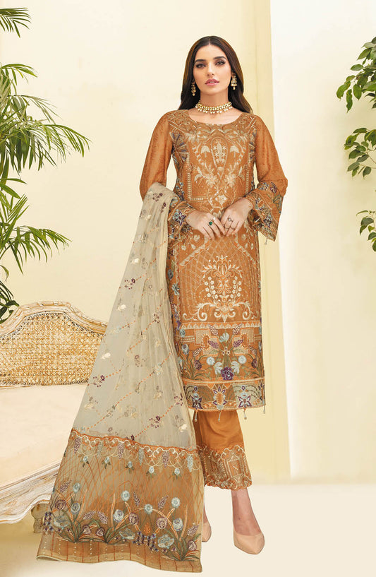 Nayab by Ramsha Embroidered Chiffon Unstitched 3 Piece Suit - N-305 - RM25CHW - Orange - Festive Collection