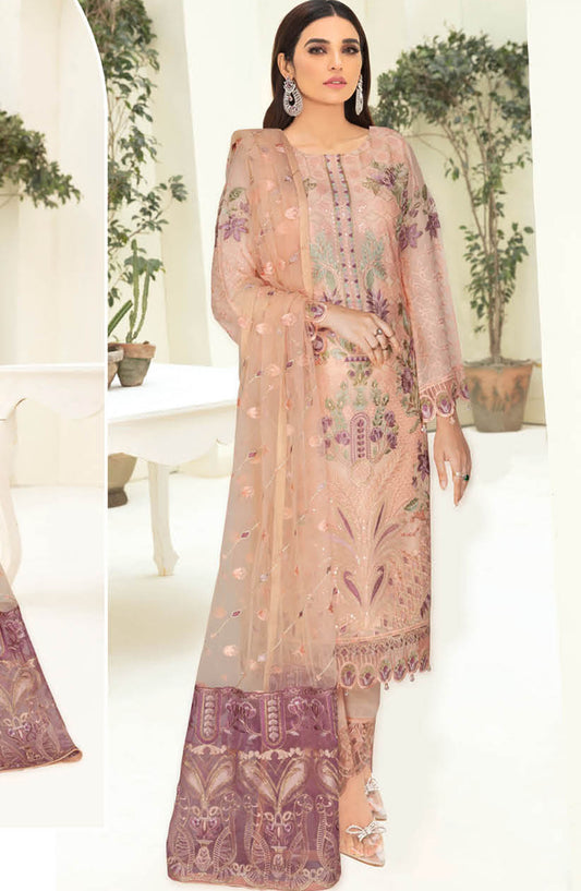Nayab by Ramsha Embroidered Chiffon Unstitched 3 Piece Suit - N-304 - RM25CHW - Peach - Festive Collection