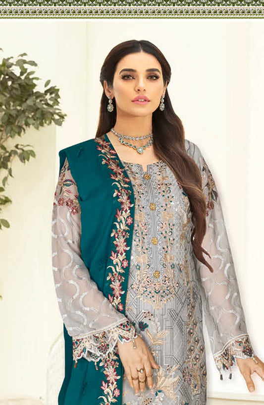 Nayab by Ramsha Embroidered Chiffon Unstitched 3 Piece Suit - N-303 - RM25CHW - Grey - Festive Collection