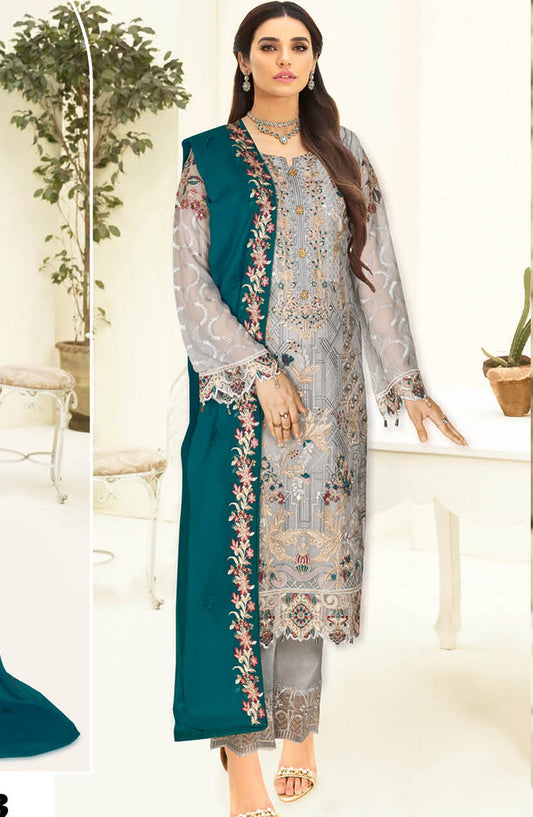 Nayab by Ramsha Embroidered Chiffon Unstitched 3 Piece Suit - N-303 - RM25CHW - Grey - Festive Collection