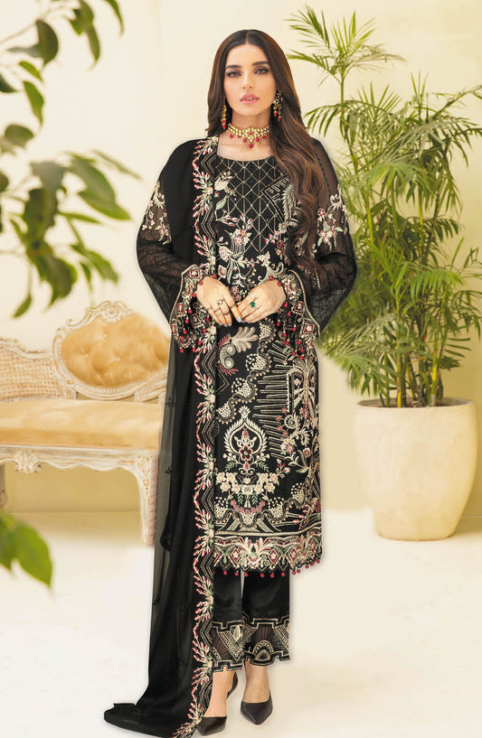 Nayab by Ramsha Embroidered Chiffon Unstitched 3 Piece Suit - N-301 - RM25CHW - Black - Festive Collection
