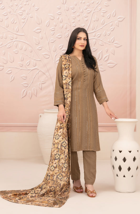 Nazaaha by Tawakkal Fabrics Printed Leather Peach Stitched 3 Piece Suit - D-5013 - TF25NZH - Brown - Winter Collection