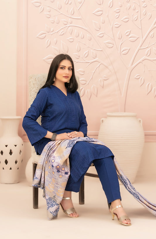 Nazaaha by Tawakkal Fabrics Printed Leather Peach Stitched 3 Piece Suit - D-5011 - TF25NZH - Blue - Winter Collection