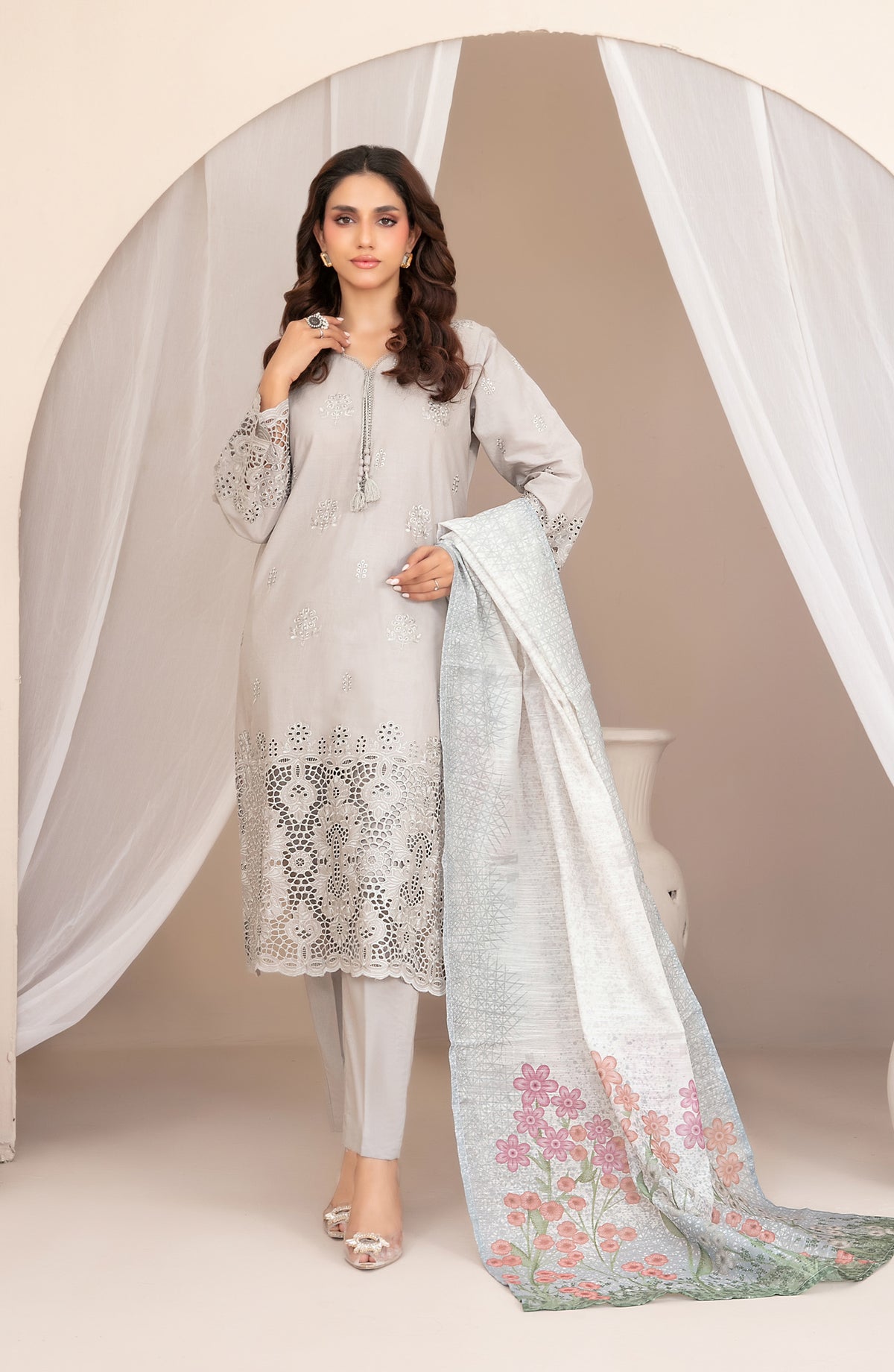 Nazifa by Tawakkal Fabrics Embroidered Schiffli Lawn Stitched 3 Piece Suit - D-1045 - TF26NZ - Grey - Summer Collection