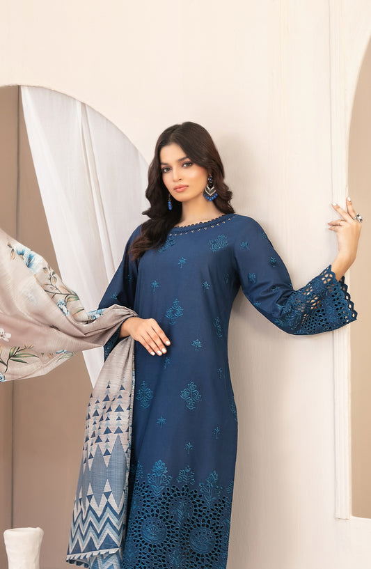 Nazifa by Tawakkal Fabrics Embroidered Schiffli Lawn Stitched 3 Piece Suit - D-1044 - TF26NZ - Blue - Summer Collection