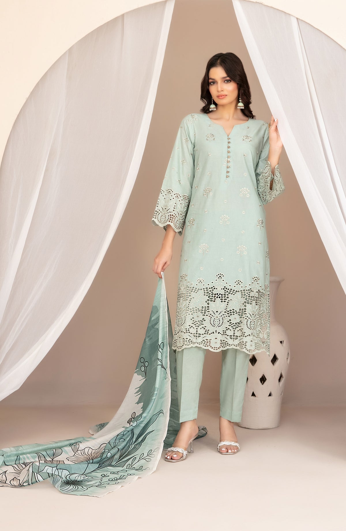 Nazifa by Tawakkal Fabrics Embroidered Schiffli Lawn Stitched 3 Piece Suit - D-1043 - TF26NZ - Sea Green - Summer Collection