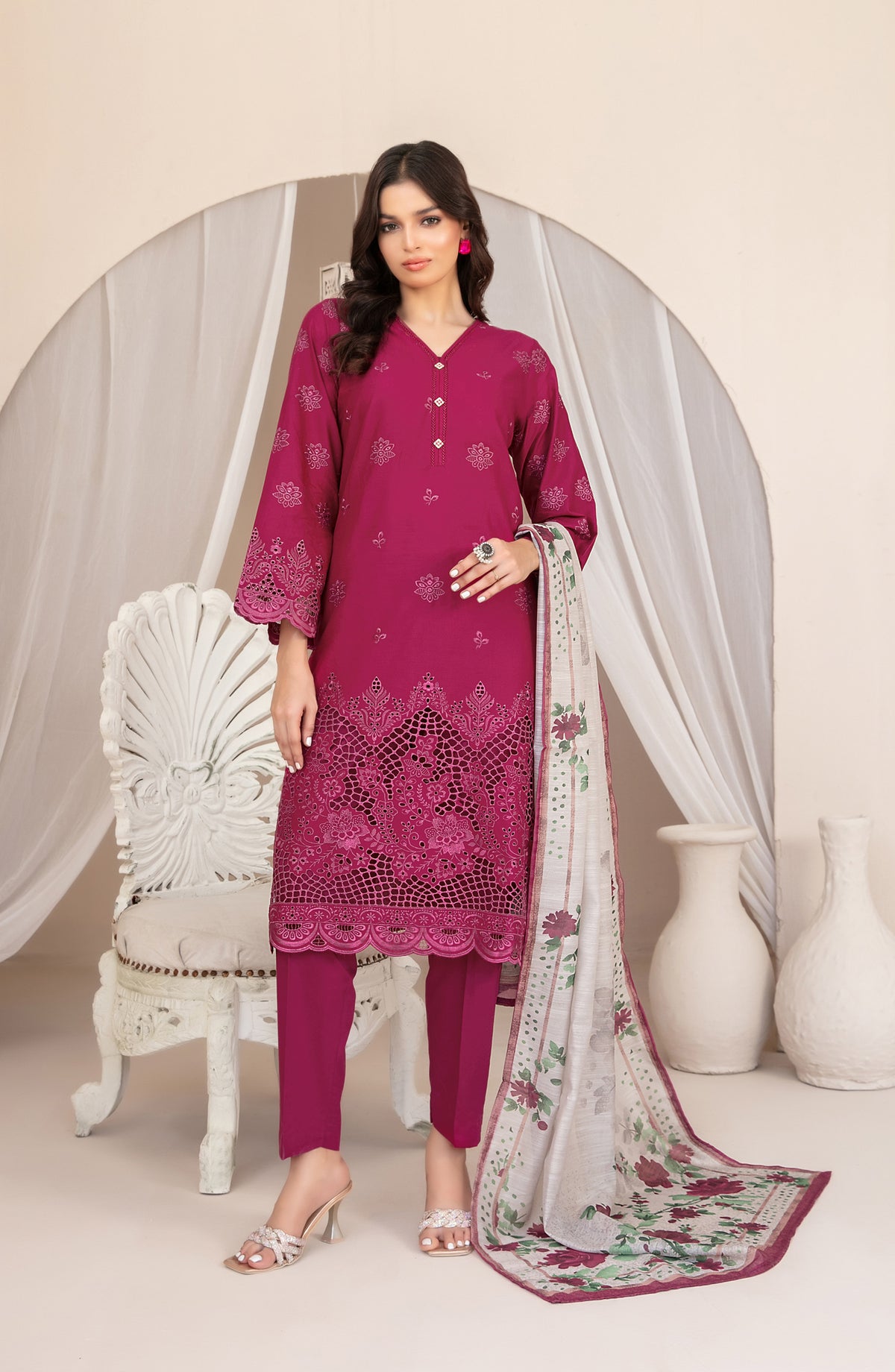 Nazifa by Tawakkal Fabrics Embroidered Schiffli Lawn Stitched 3 Piece Suit - D-1041 - TF26NZ - Pink - Summer Collection
