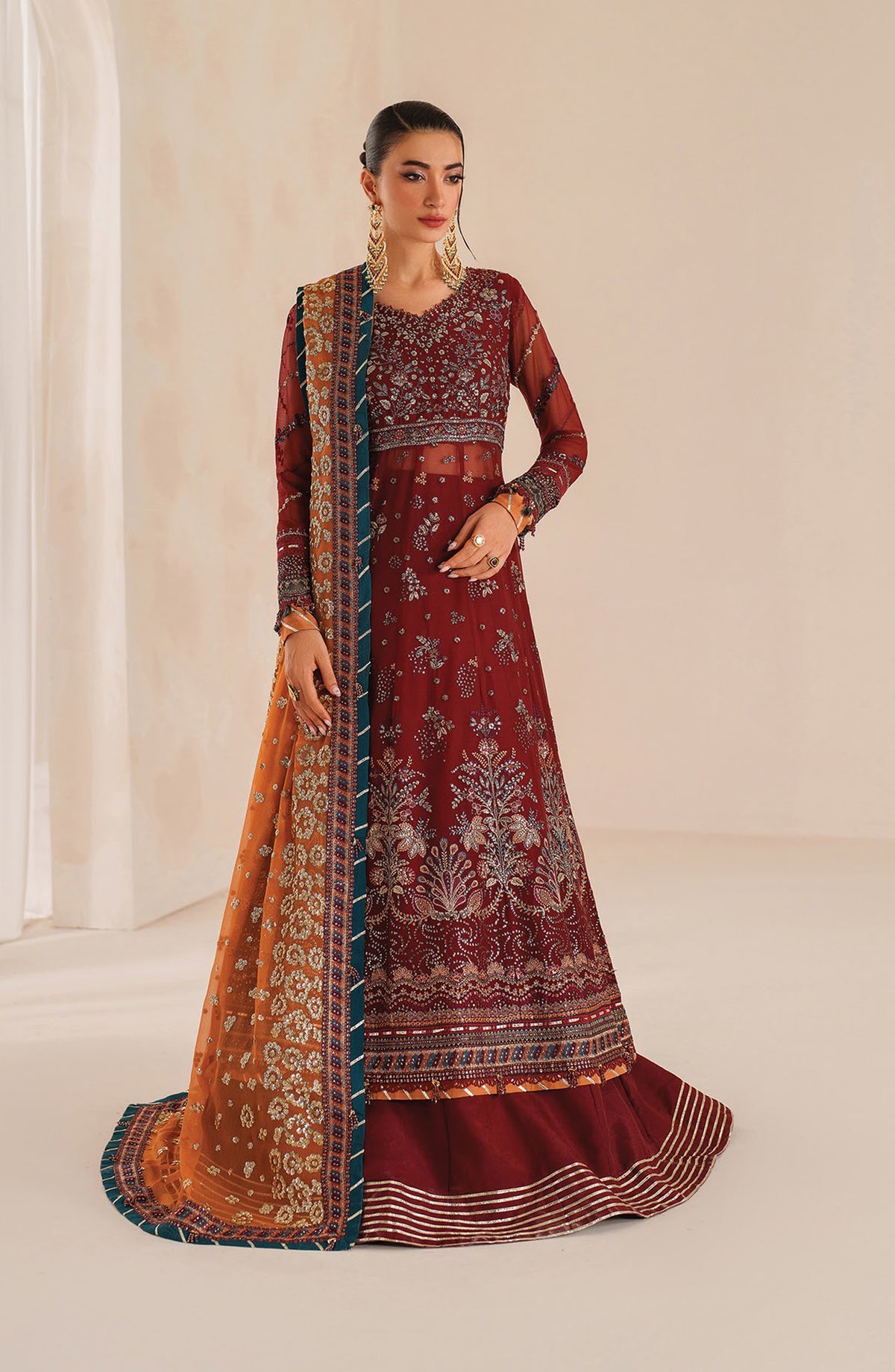 Neorah by Xenia Luxury Embroidered Chiffon Unstitched 3 Piece Suit - 03-FARIYN - XF25NRH - Maroon - Formals Collection