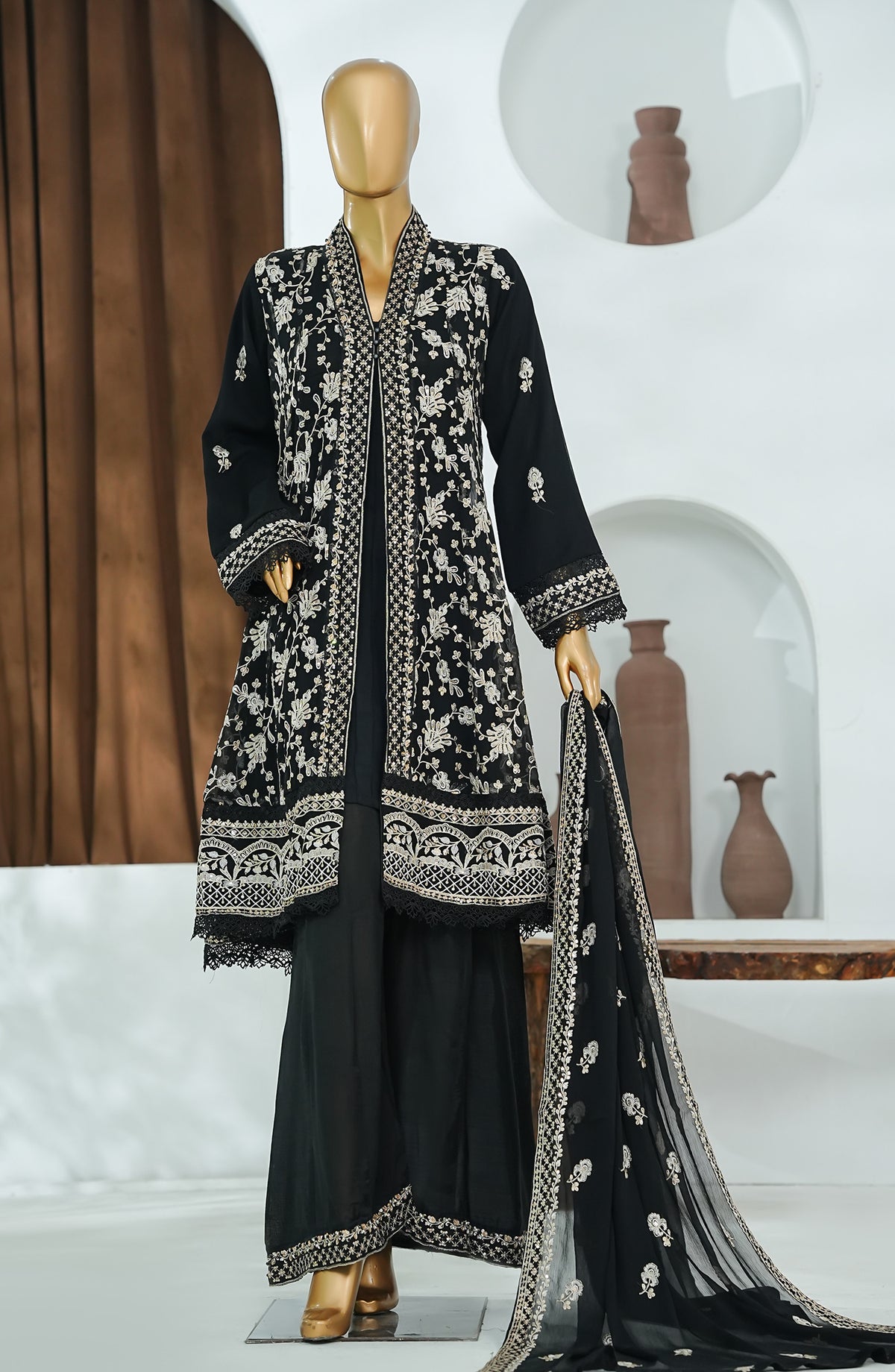 Nisbat by Maria Fabrics Embroidered Chiffon Stitched 3 Piece Suit - Firaag - MRF26NS - Black - Luxury Collection