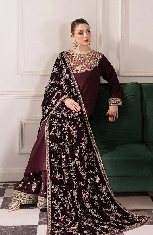 Noirah by Al Karim Embroidered Korean Silk Unstitched 3 Piece Suit - NV-005 - AK26NOI - Maroon - Winter Collection