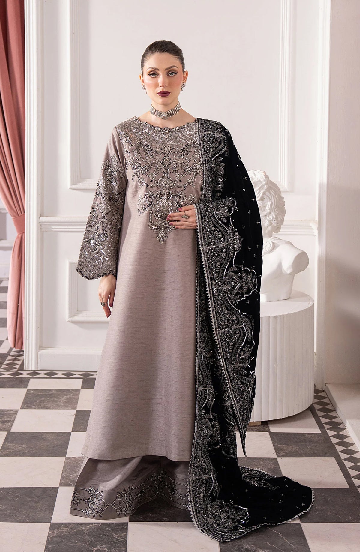 Noirah by Al Karim Embroidered Korean Silk Unstitched 3 Piece Suit - NV-007 - AK26NOI - Purple - Winter Collection