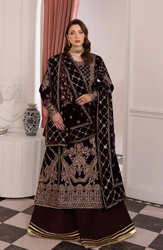 Noirah by Al Karim Embroidered Velvet Unstitched 3 Piece Suit - NV-003 - AK26NOI - Maroon - Winter Collection