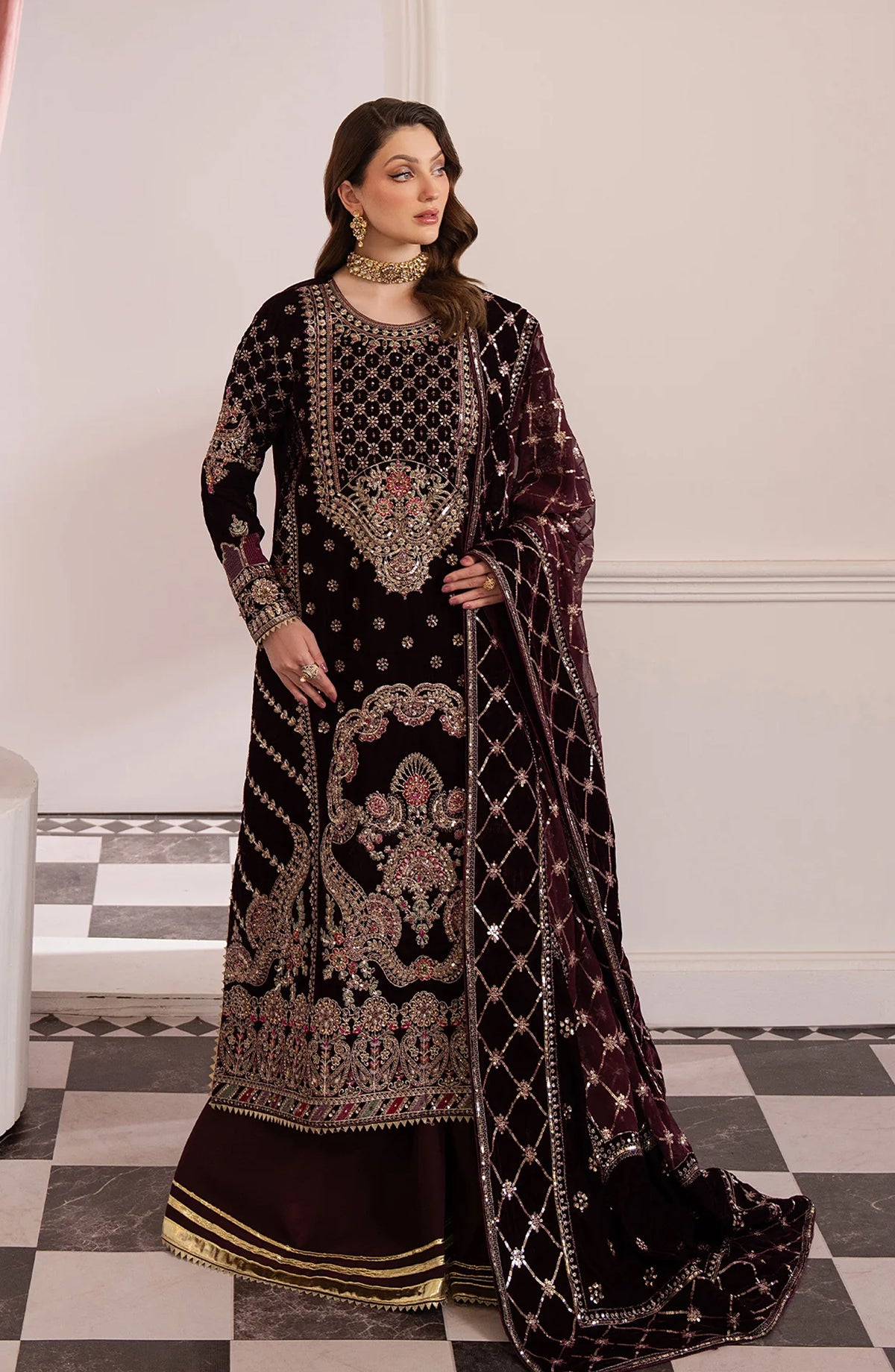 Noirah by Al Karim Embroidered Velvet Unstitched 3 Piece Suit - NV-003 - AK26NOI - Maroon - Winter Collection