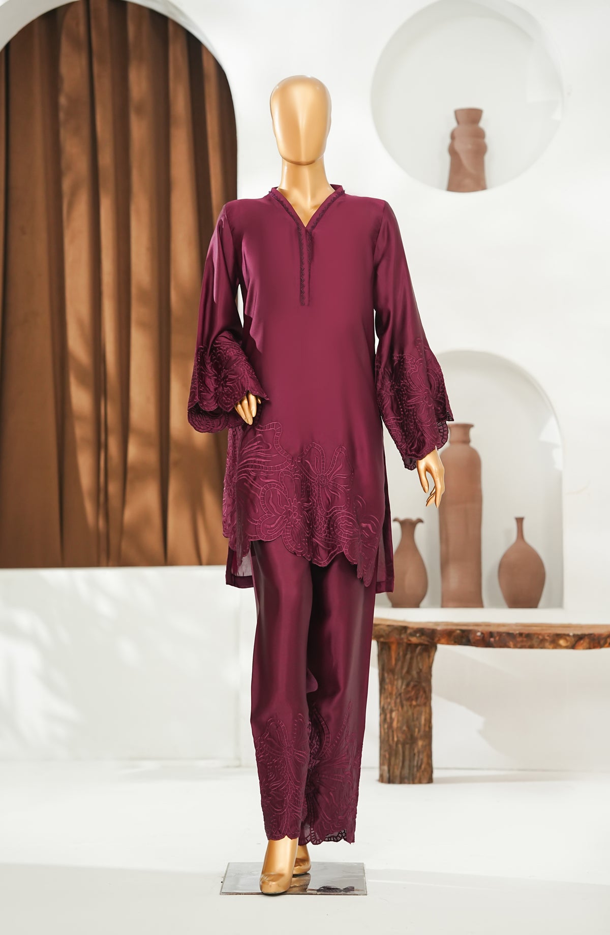 Noor-a-Sehar by Amna Khadija Embroidered Silk Stitched 2 Piece Suit - AKNS-07 - AM26AKLX - Maroon - Festive Collection
