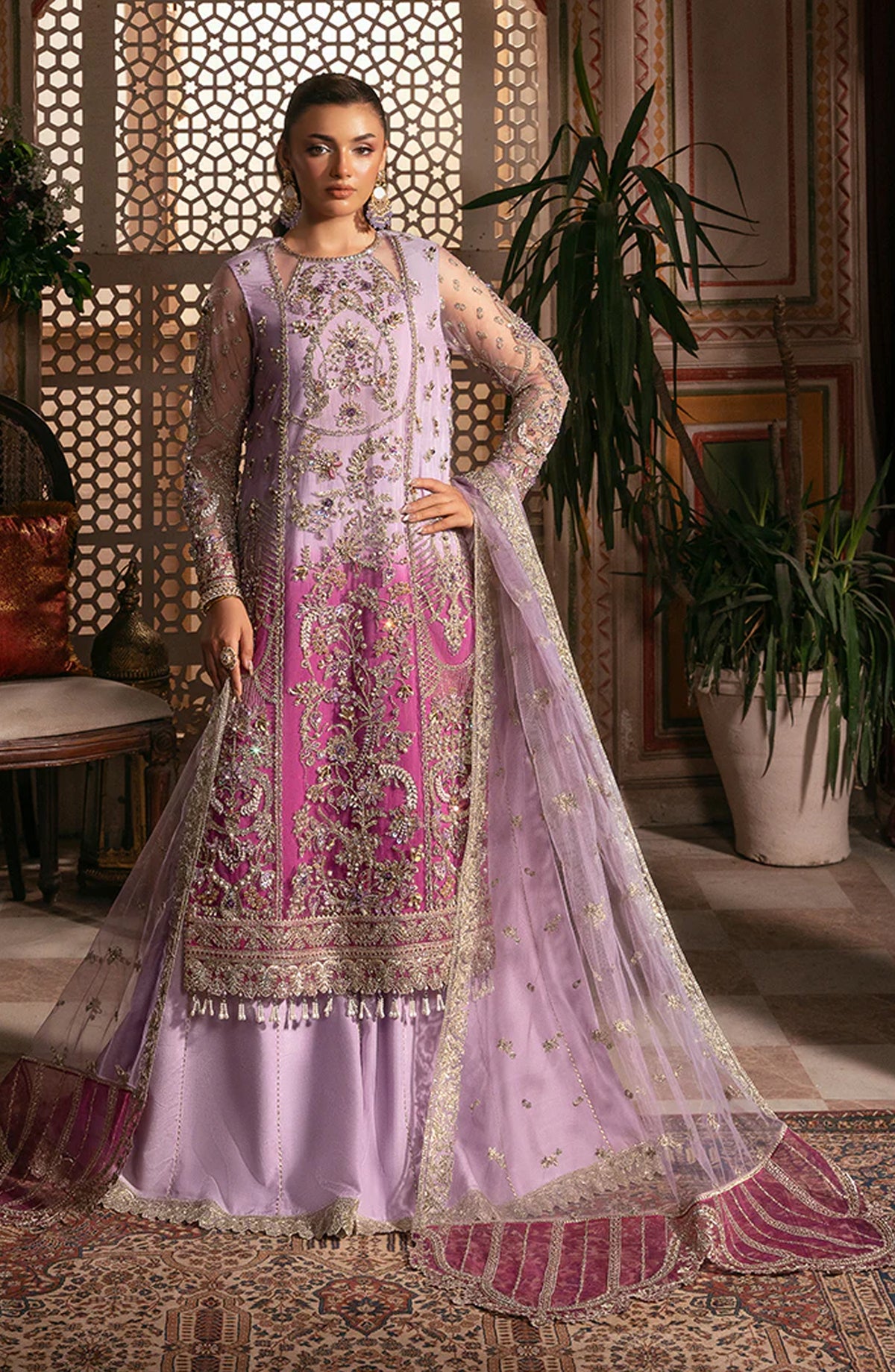 Noor-e-Naaz by Imrozia Luxury Embroidered Net Unstitched 3 Piece Suit - IB-49 SUNEHRI - IMP25NRN - Lilac - Bridal Collection