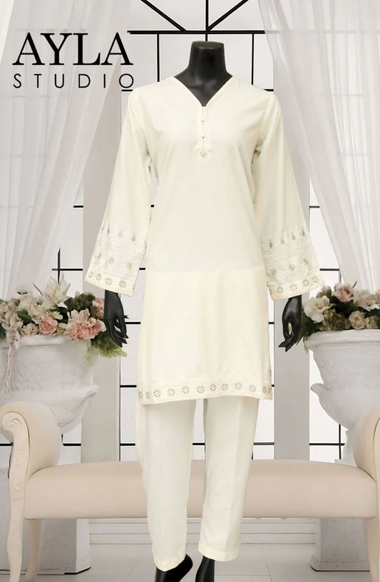 Noor-e-Rang by Ayla Embroidered Lawn Stitched 2 Piece Suit - CHANDNI - AY25NRG - Ivory White - Summer Collection