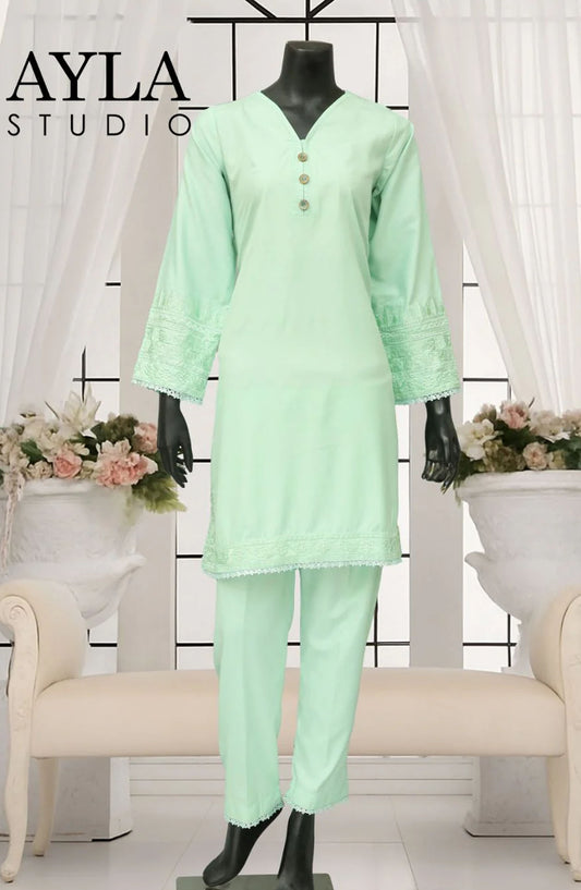 Noor-e-Rang by Ayla Embroidered Lawn Stitched 2 Piece Suit - SABZ-SITARA - AY25NRG - Green - Summer Collection