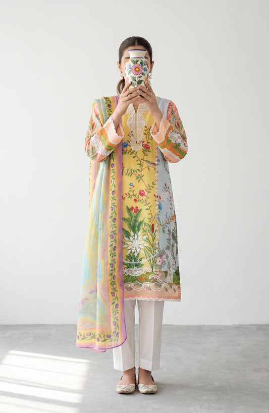 Noora by Amna Khadija Embroidered Cambric Stitched 3 Piece Suit - AKPN-03 - AM26ORA - Yellow - Summer Collection