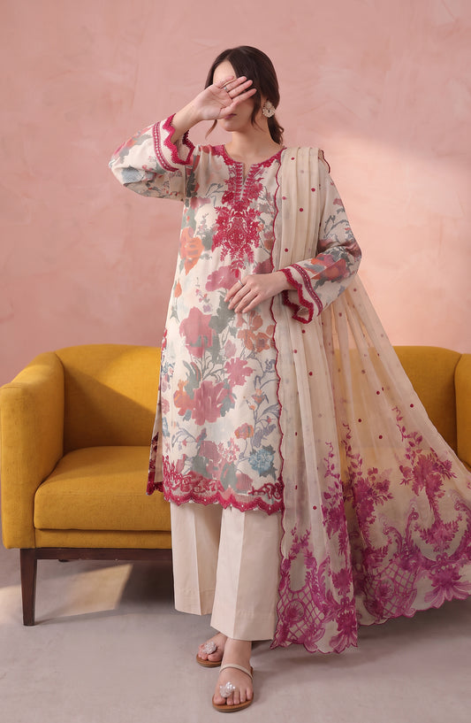 Noora by Amna Khadija Embroidered Cambric Stitched 3 Piece Suit - AKPN-06 - AM26ORA - Fawn - Summer Collection