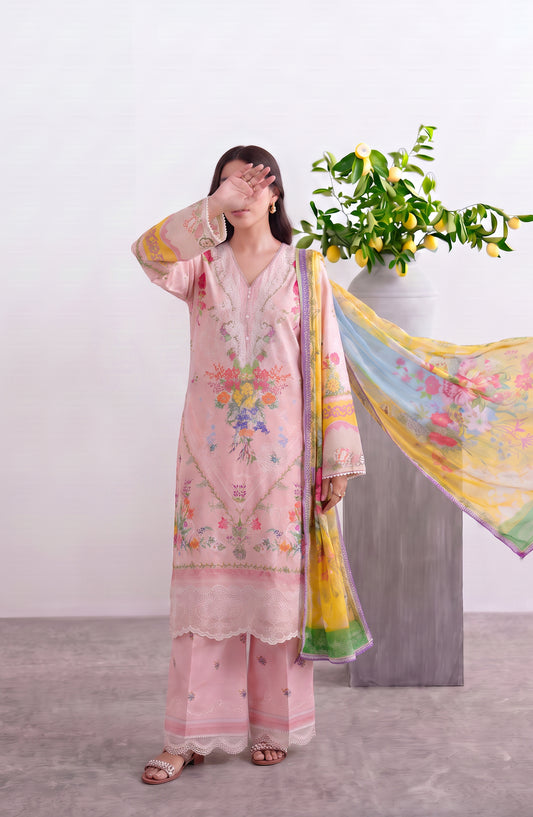 Noora by Amna Khadija Embroidered Cambric Stitched 3 Piece Suit - AKPN-07 - AM26ORA - Pink - Summer Collection