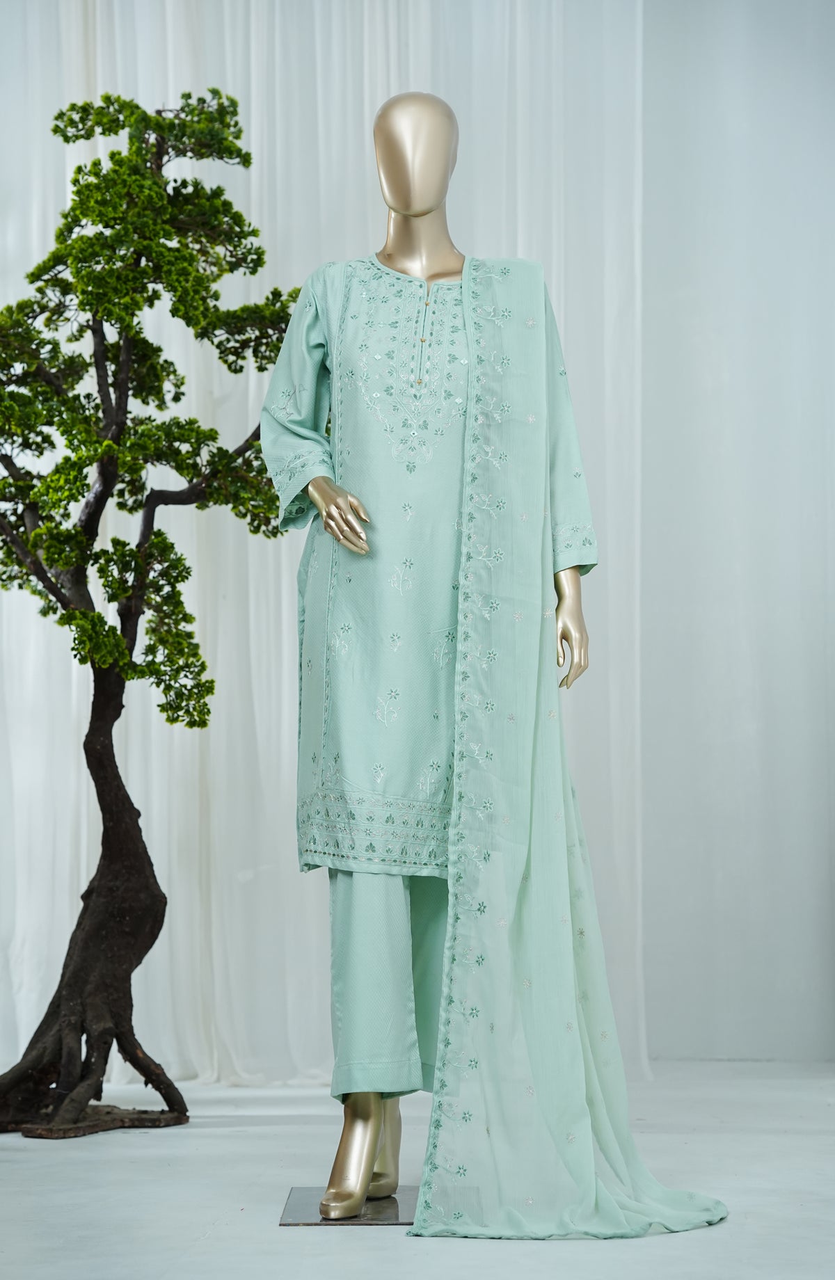 Noor by Amna Khadija Embroidered Self Jacquard Stitched 3 Piece Suit - AKN-03 - AM26NFS - Ferozi - Festive Collection