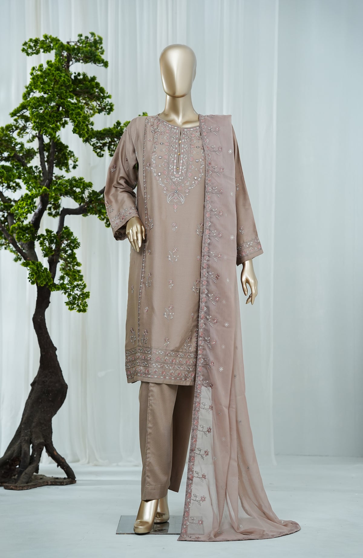 Noor by Amna Khadija Embroidered Self Jacquard Stitched 3 Piece Suit - AKN-02 - AM26NFS - Grey - Festive Collection