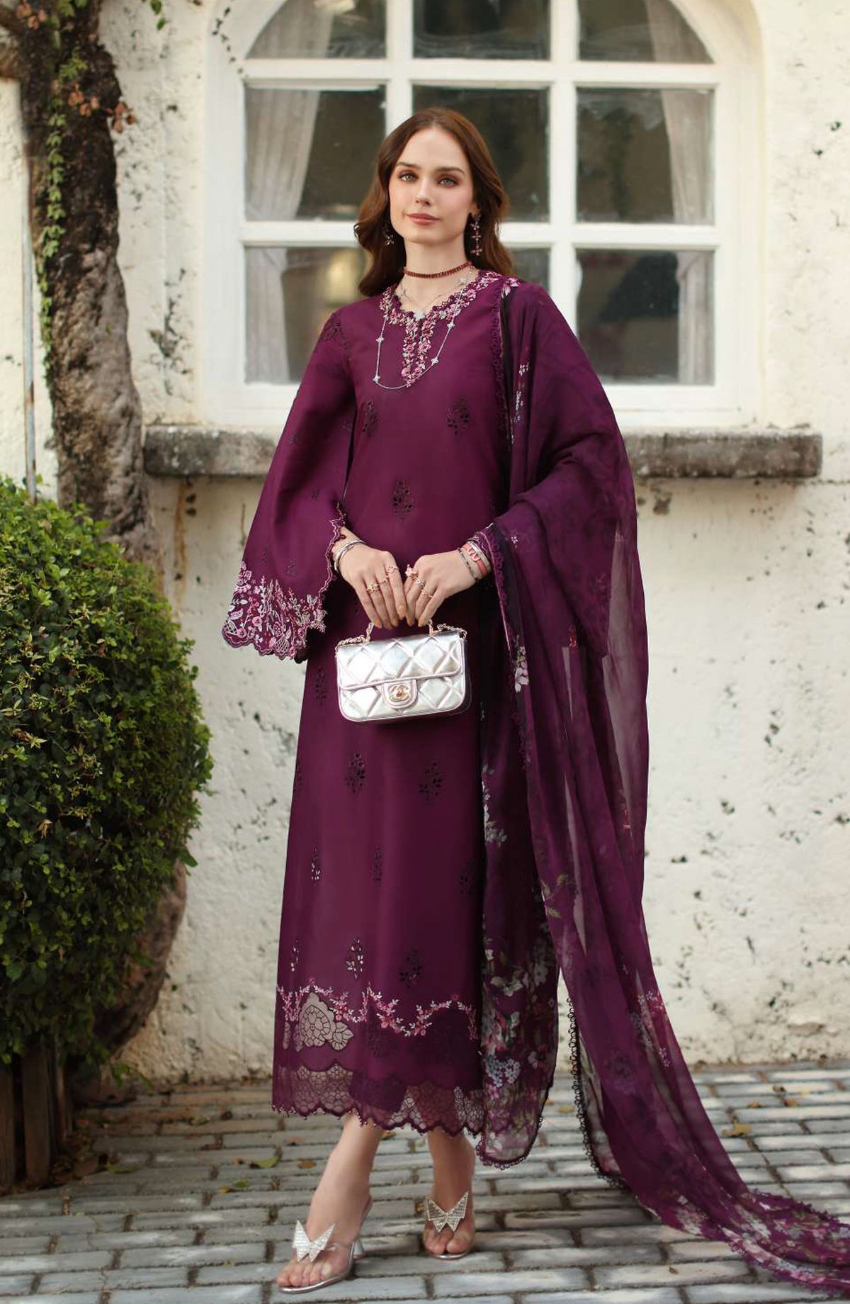 Noor by Saadia Asad Luxe Embroidered Lawn Unstitched 3 Piece Suit - D1A - NSA26CL - Purple - Luxury Collection
