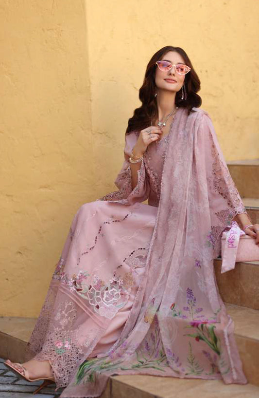 Noor by Saadia Asad Luxe Embroidered Lawn Unstitched 3 Piece Suit - D2A - NSA26CL - Pink - Luxury Collection