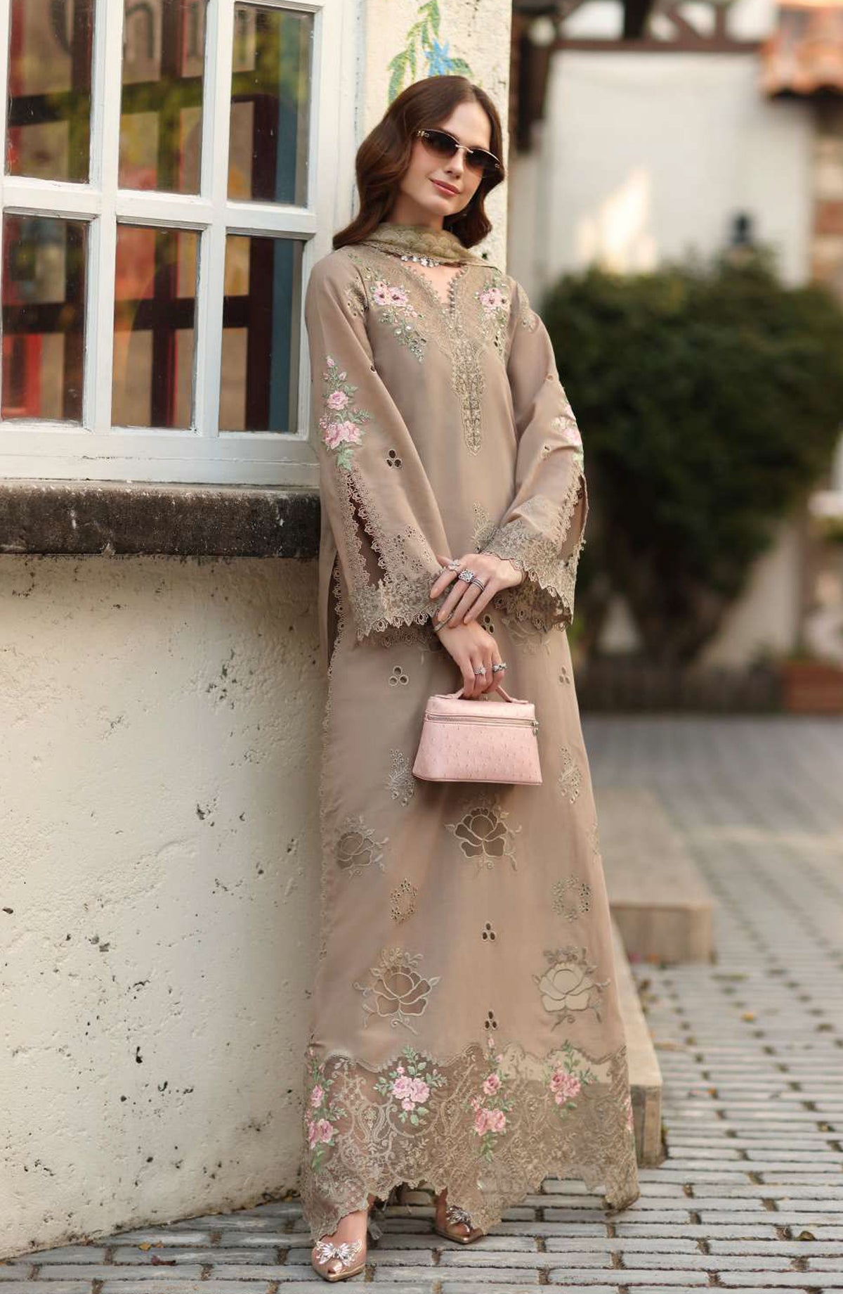 Noor by Saadia Asad Luxe Embroidered Lawn Unstitched 3 Piece Suit - D3B - NSA26CL - Beige - Luxury Collection