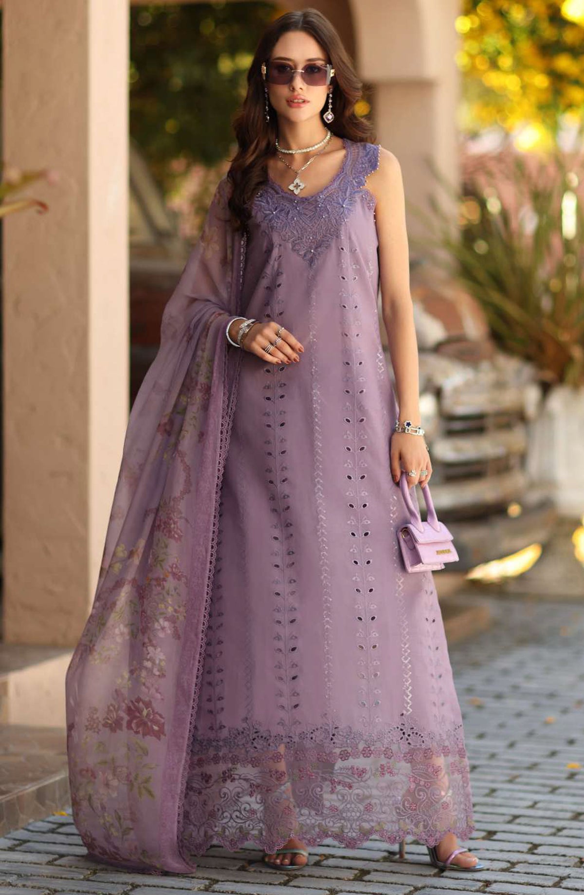Noor by Saadia Asad Luxe Embroidered Lawn Unstitched 3 Piece Suit - D4A - NSA26CL - Purple - Luxury Collection