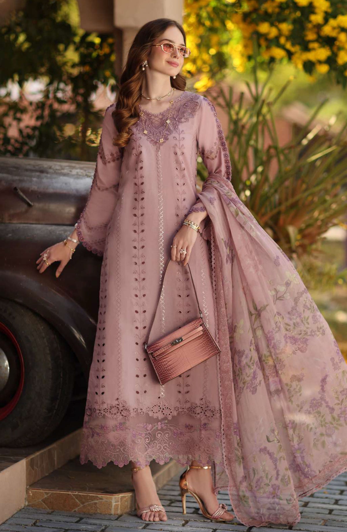 Noor by Saadia Asad Luxe Embroidered Lawn Unstitched 3 Piece Suit - D4B - NSA26CL - Pink - Luxury Collection