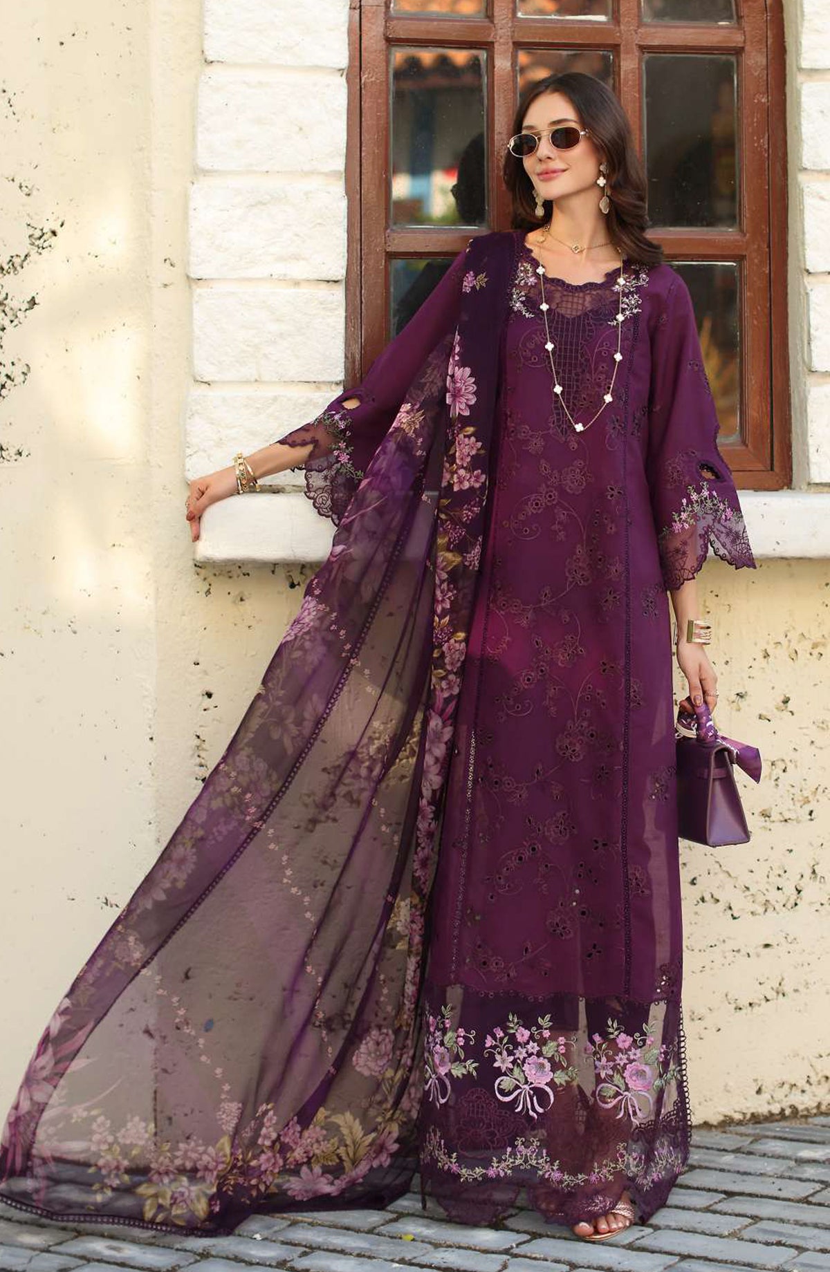 Noor by Saadia Asad Luxe Embroidered Lawn Unstitched 3 Piece Suit - D5A - NSA26CL - Purple - Luxury Collection