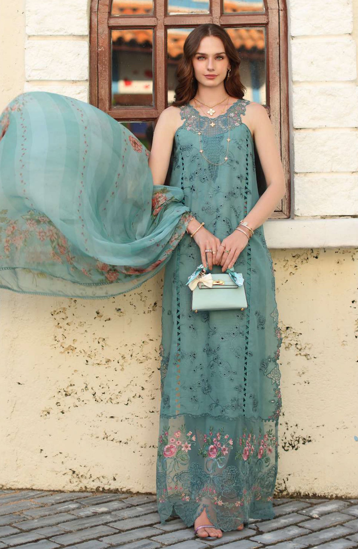 Noor by Saadia Asad Luxe Embroidered Lawn Unstitched 3 Piece Suit - D5B - NSA26CL - Sea Green - Luxury Collection