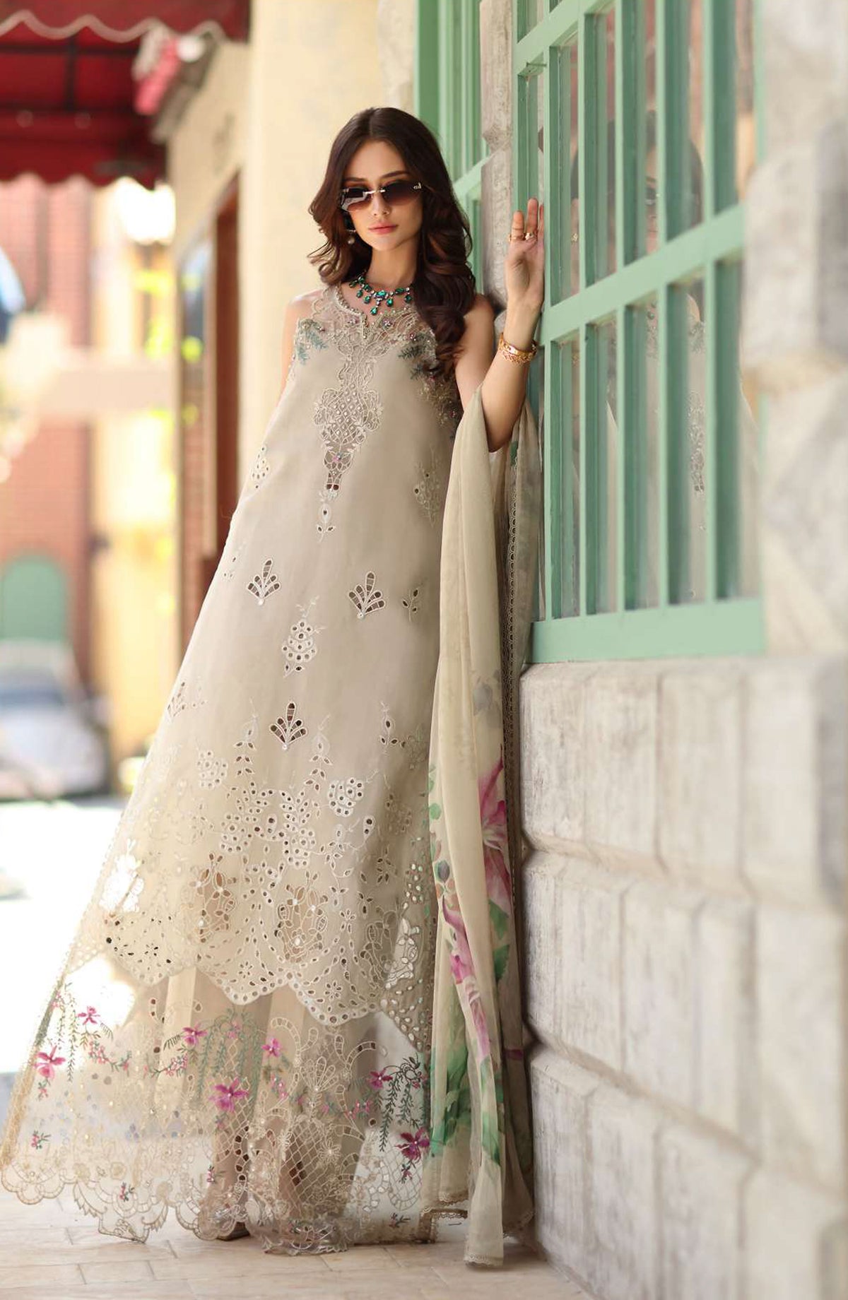 Noor by Saadia Asad Luxe Embroidered Lawn Unstitched 3 Piece Suit - D6A - NSA26CL - Fawn - Luxury Collection