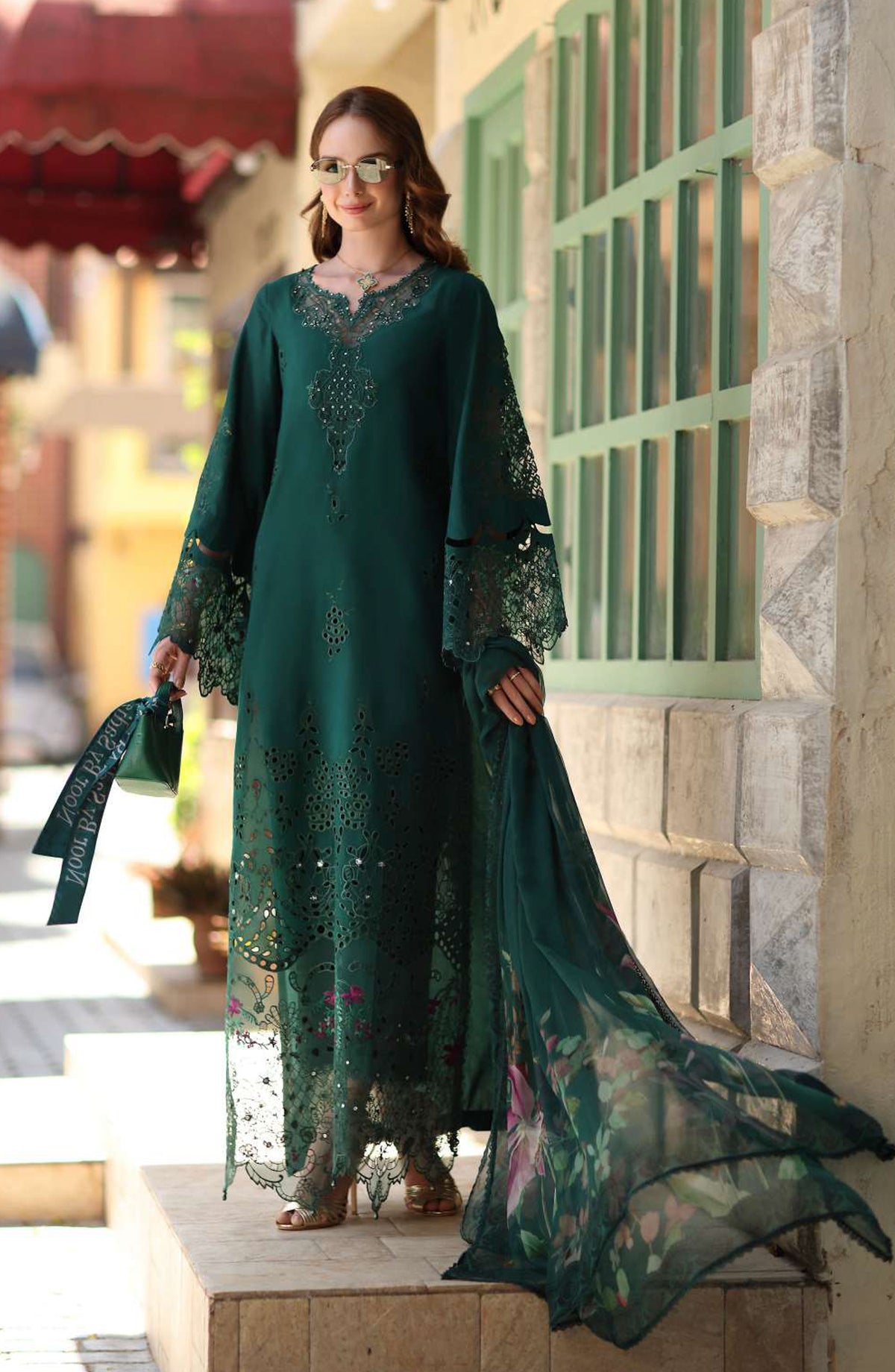 Noor by Saadia Asad Luxe Embroidered Lawn Unstitched 3 Piece Suit - D6B - NSA26CL - Green - Luxury Collection