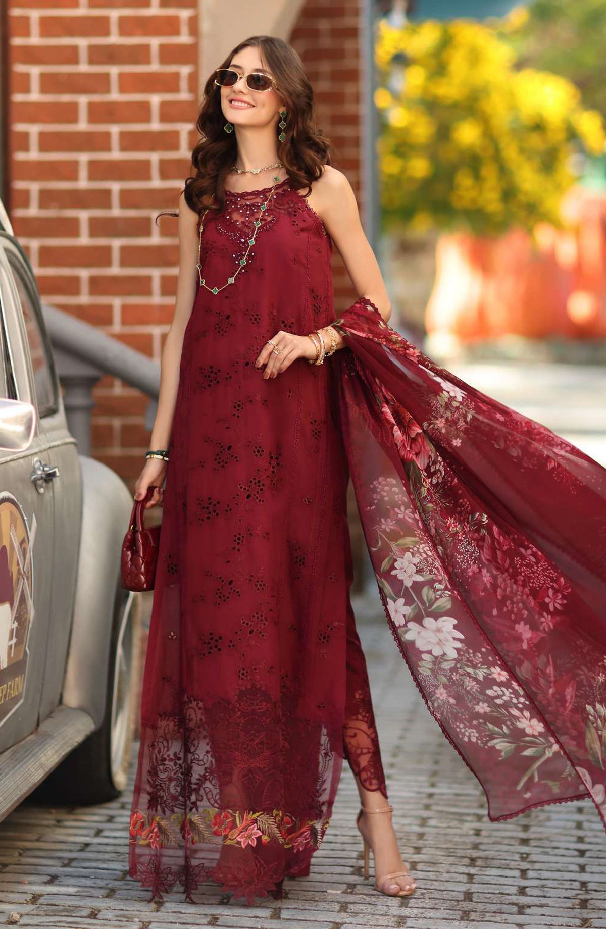 Noor by Saadia Asad Luxe Embroidered Lawn Unstitched 3 Piece Suit - D8A - NSA26CL - Maroon - Luxury Collection