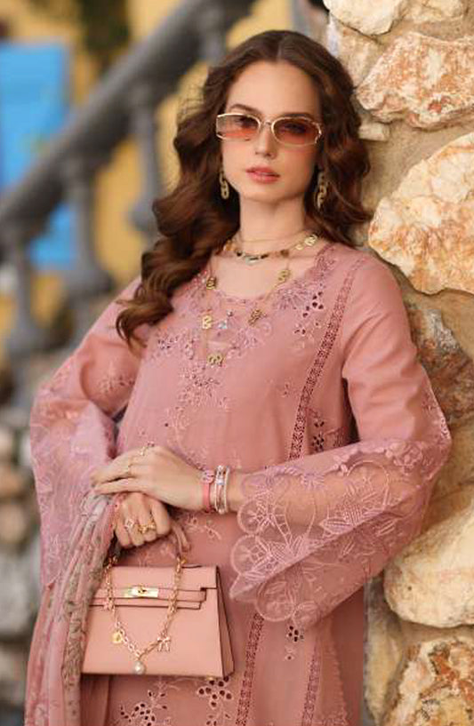 Noor by Saadia Asad Luxe Embroidered Lawn Unstitched 3 Piece Suit - D8B - NSA26CL - Pink - Luxury Collection