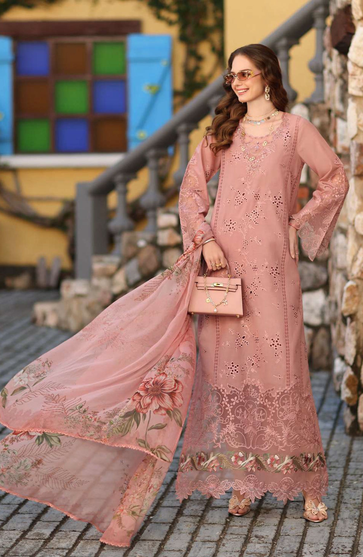 Noor by Saadia Asad Luxe Embroidered Lawn Unstitched 3 Piece Suit - D8B - NSA26CL - Pink - Luxury Collection