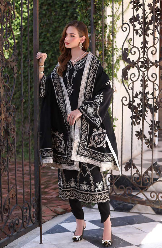Noor by Saadia Asad Embroidered Linen Unstitched 3 Piece Suit - D7-Obsidian - NSA25PSH - Black - Winter Collection