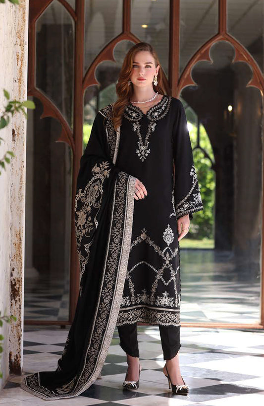 Noor by Saadia Asad Embroidered Linen Unstitched 3 Piece Suit - D7-Obsidian - NSA25PSH - Black - Winter Collection